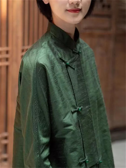 Chinese Style Green Cross-Collar Long Sleeve Blouse with Frog Buttons