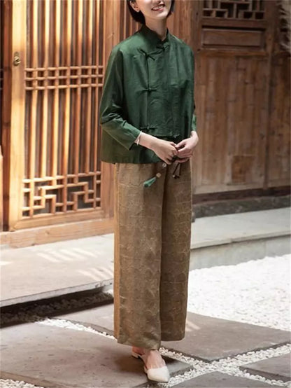 Chinese Style Green Cross-Collar Long Sleeve Blouse with Frog Buttons