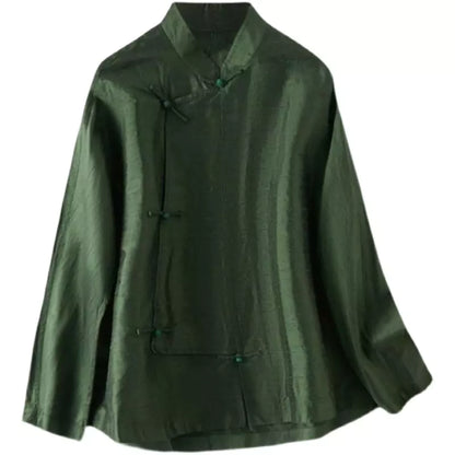 Chinese Style Green Cross-Collar Long Sleeve Blouse with Frog Buttons