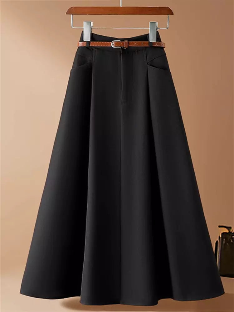 Classic Women's Fall Suiting Pleated High Waist Midi Skirt