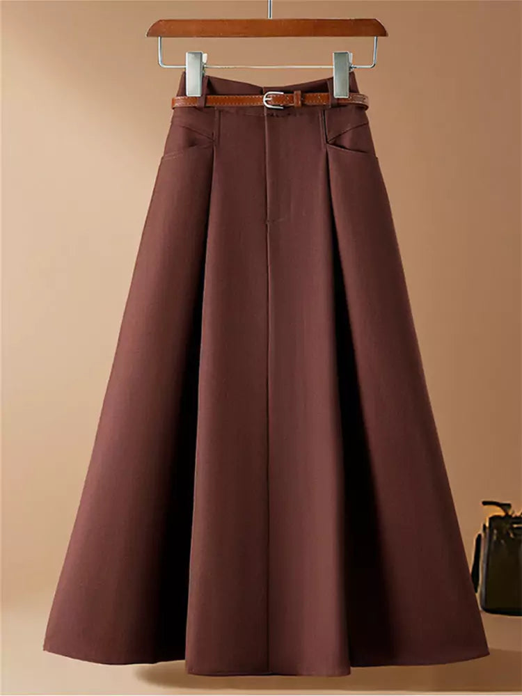 Classic Women's Fall Suiting Pleated High Waist Midi Skirt