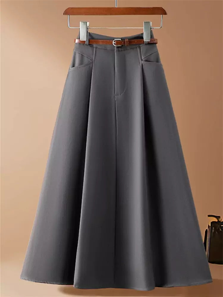 Classic Women's Fall Suiting Pleated High Waist Midi Skirt