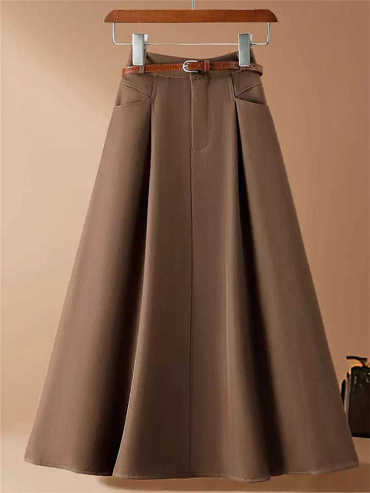 Classic Women's Fall Suiting Pleated High Waist Midi Skirt