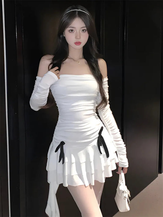 Ribbon Cold Shoulder Asymmetrical Ruched Mini Dress