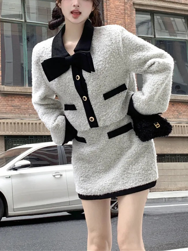 Collared Bow Neck Woolen Button Jacket + Mini Skirt
