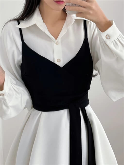 Vestido camisero con cuello cruzado y lazo, top de tirantes de dos piezas