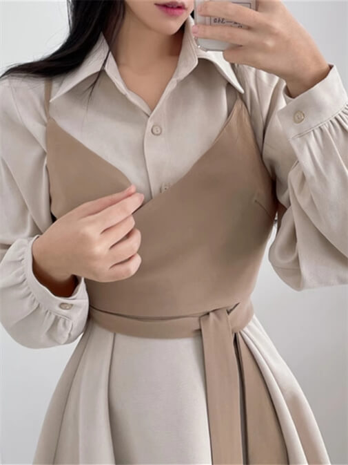 Vestido camisero con cuello cruzado y lazo, top de tirantes de dos piezas