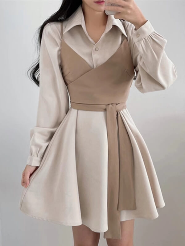 Vestido camisero con cuello cruzado y lazo, top de tirantes de dos piezas