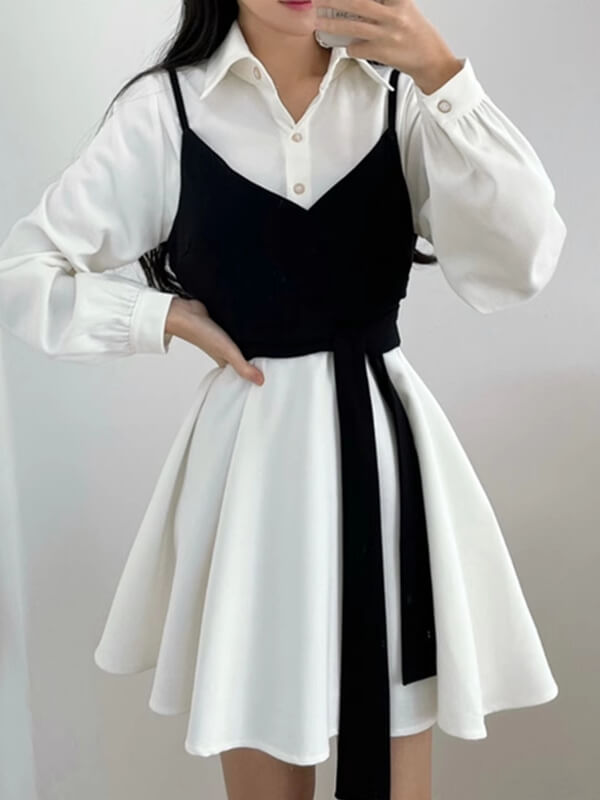 Vestido camisero con cuello cruzado y lazo, top de tirantes de dos piezas