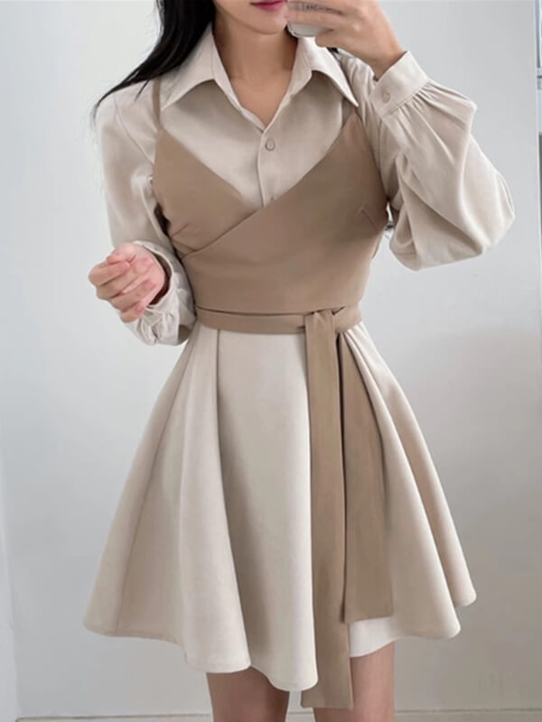 Vestido camisero con cuello cruzado y lazo, top de tirantes de dos piezas