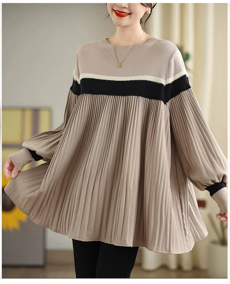 Color Block Pleated Knit Tunic