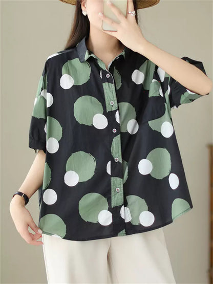 Women's Korean Style Preppy Color Block Polka Dot Short Sleeve Shirt