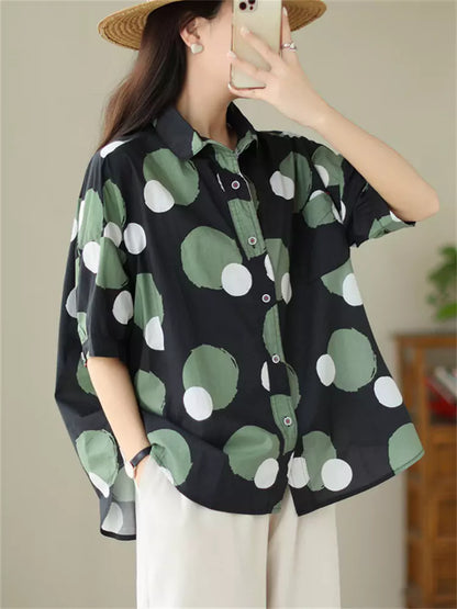 Women's Korean Style Preppy Color Block Polka Dot Short Sleeve Shirt