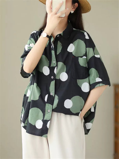 Women's Korean Style Preppy Color Block Polka Dot Short Sleeve Shirt