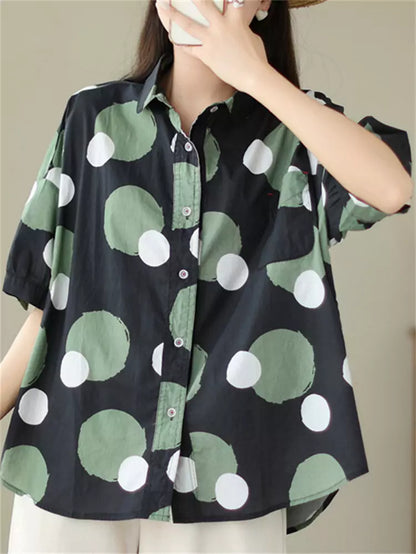 Women's Korean Style Preppy Color Block Polka Dot Short Sleeve Shirt