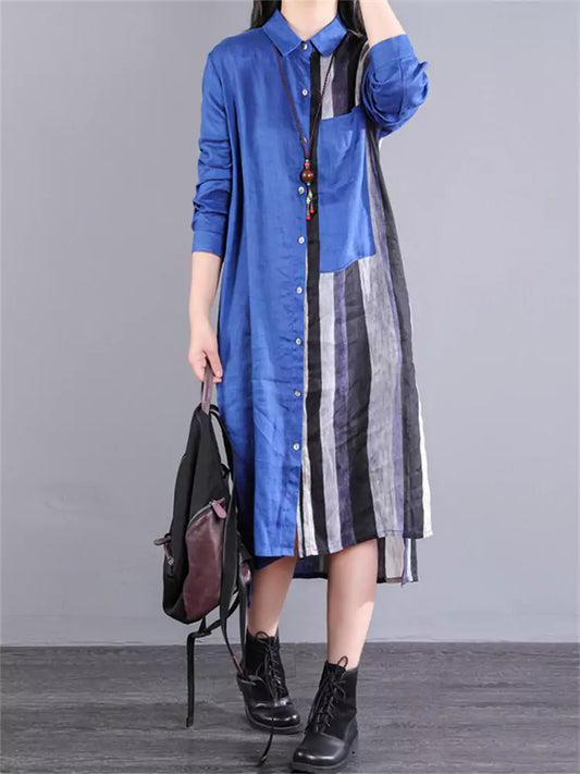 Chic Color Block Striped Cotton Linen Long Sleeve Shirt Dress