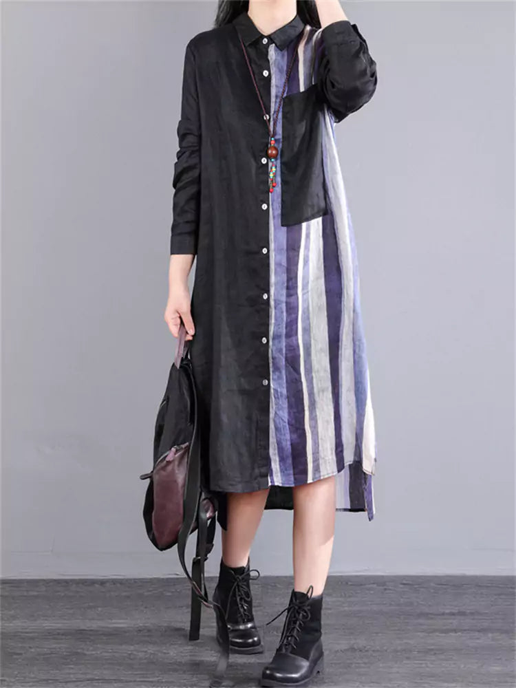 Chic Color Block Striped Cotton Linen Long Sleeve Shirt Dress