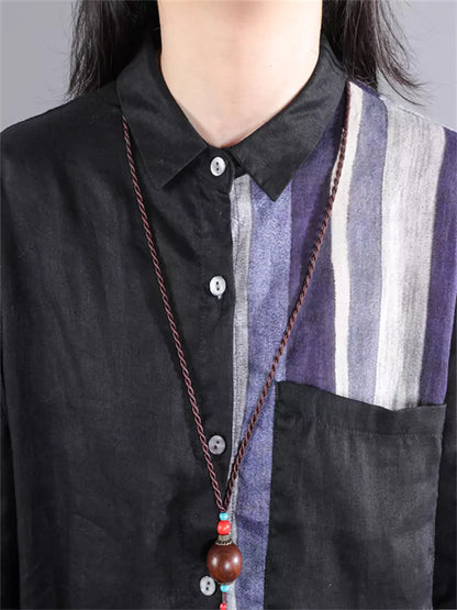 Vestido camisero de manga larga de lino y algodón a rayas con bloques de colores elegantes