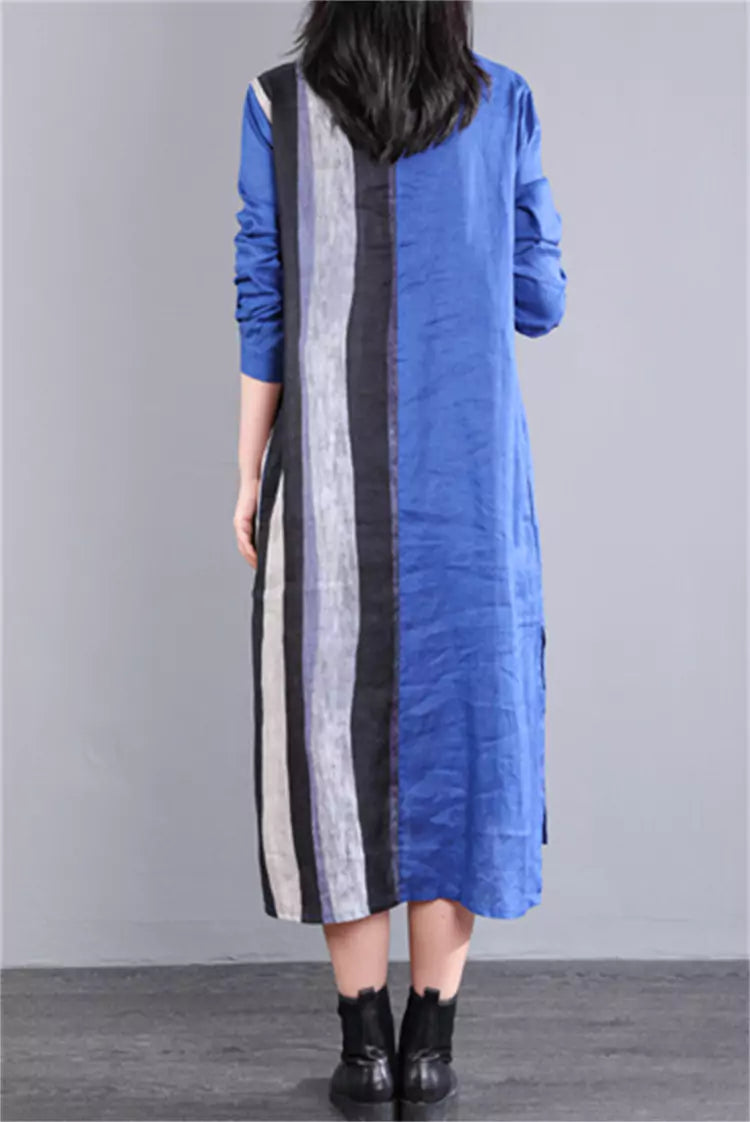 Chic Color Block Striped Cotton Linen Long Sleeve Shirt Dress