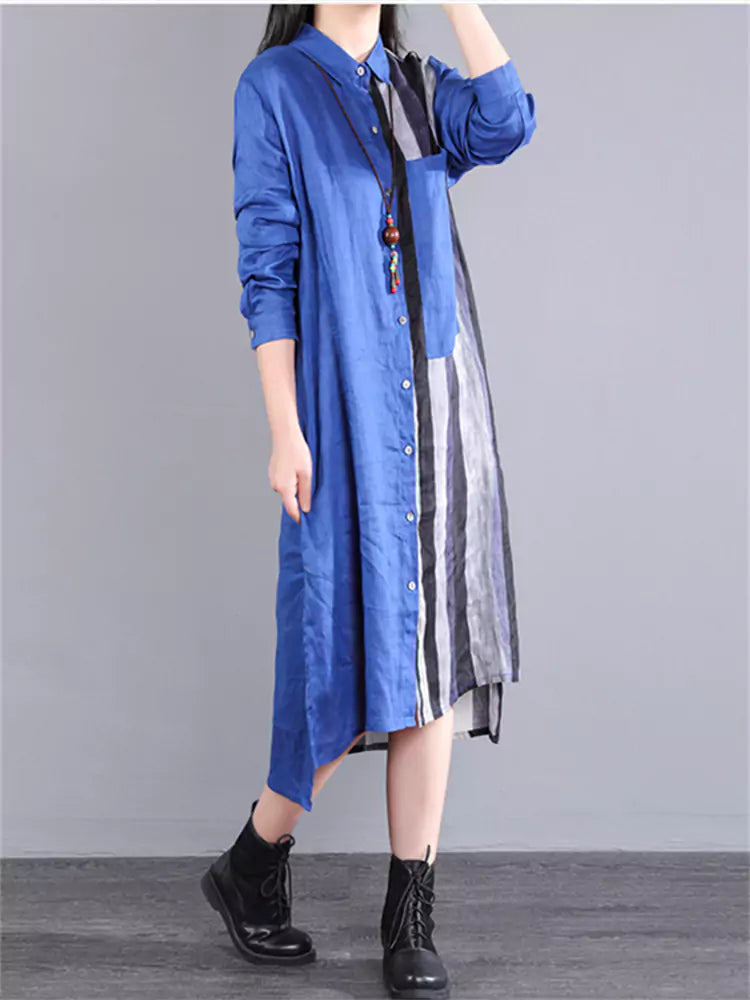 Chic Color Block Striped Cotton Linen Long Sleeve Shirt Dress