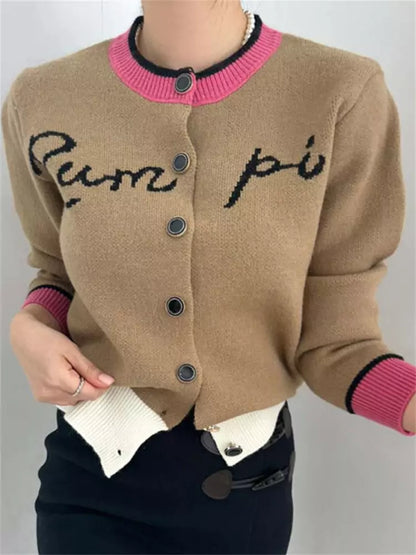 Color-Blocked Letter Jacquard Single-Button Knitted Cardigan