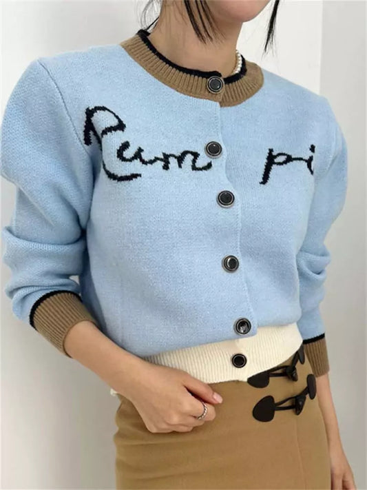 Color-Blocked Letter Jacquard Single-Button Knitted Cardigan