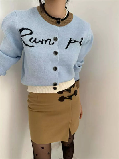 Color-Blocked Letter Jacquard Single-Button Knitted Cardigan