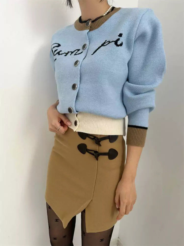 Color-Blocked Letter Jacquard Single-Button Knitted Cardigan