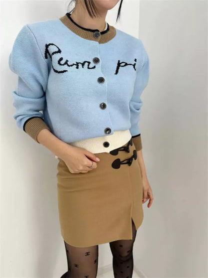 Color-Blocked Letter Jacquard Single-Button Knitted Cardigan