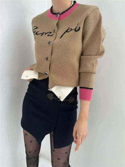 Color-Blocked Letter Jacquard Single-Button Knitted Cardigan