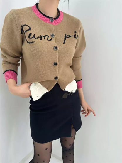 Color-Blocked Letter Jacquard Single-Button Knitted Cardigan