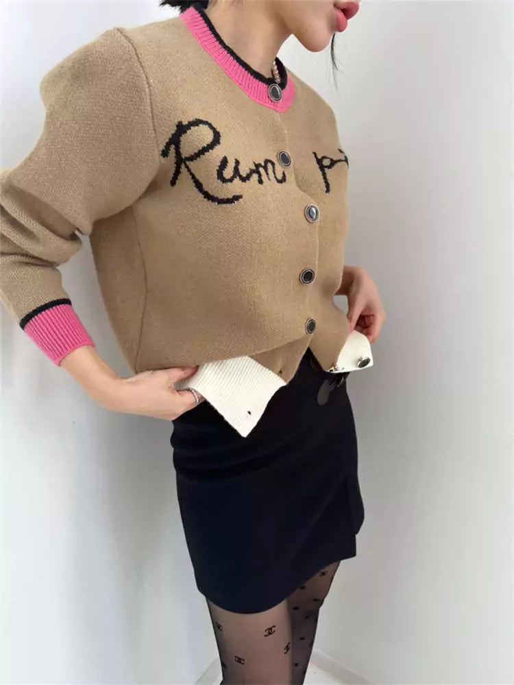 Color-Blocked Letter Jacquard Single-Button Knitted Cardigan