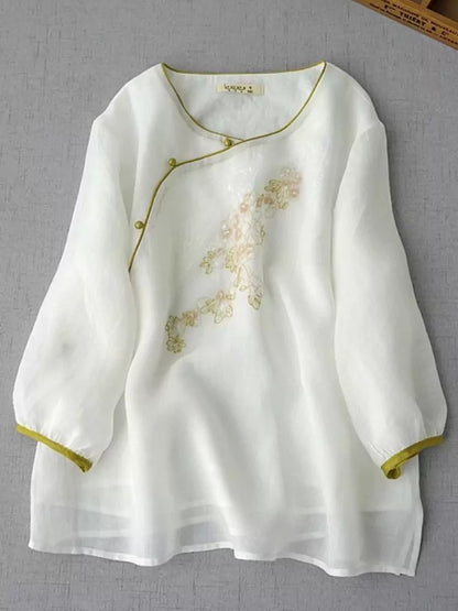 Contemporary Hanfu-Inspired Cross Collar 3/4 Sleeve Mid-Length  Blouse