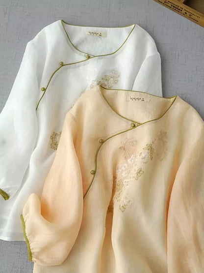 Contemporary Hanfu-Inspired Cross Collar 3/4 Sleeve Mid-Length  Blouse