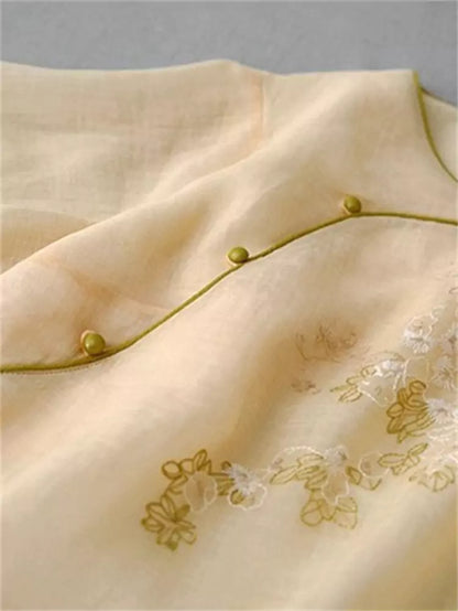 Contemporary Hanfu-Inspired Cross Collar 3/4 Sleeve Mid-Length  Blouse