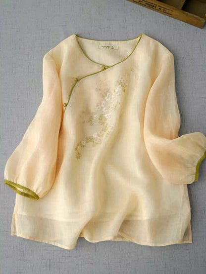 Contemporary Hanfu-Inspired Cross Collar 3/4 Sleeve Mid-Length  Blouse