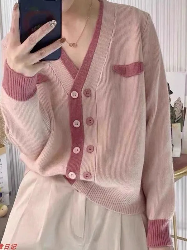 Contrast Color Double Breasted V Neck Short Cardigan