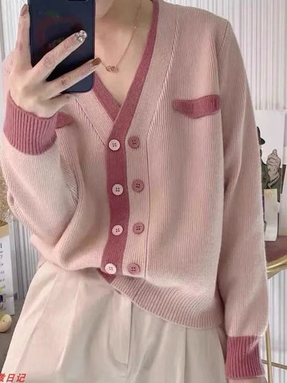 Contrast Color Double Breasted V Neck Short Cardigan