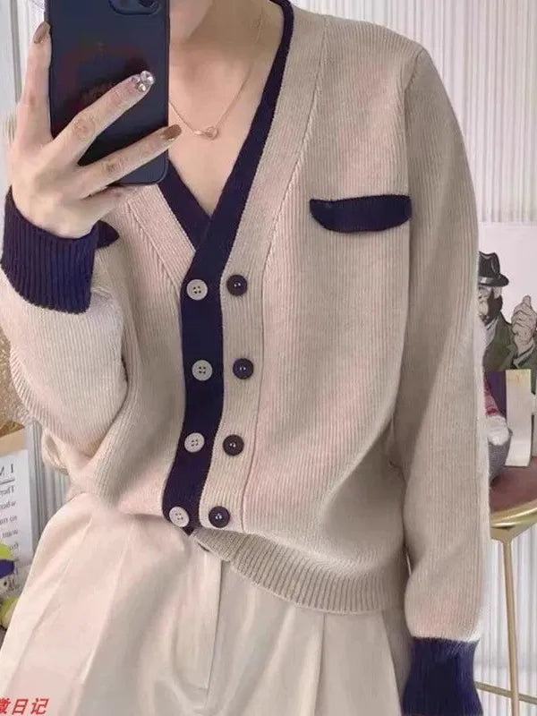 Contrast Color Double Breasted V Neck Short Cardigan