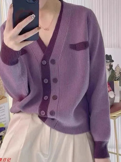 Contrast Color Double Breasted V Neck Short Cardigan