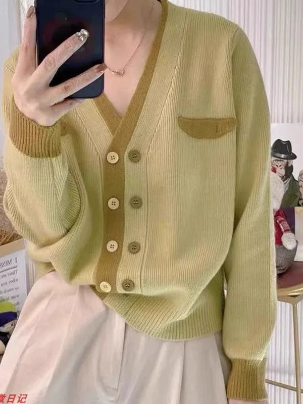 Contrast Color Double Breasted V Neck Short Cardigan