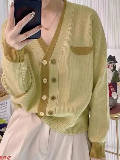 Contrast Color Double Breasted V Neck Short Cardigan