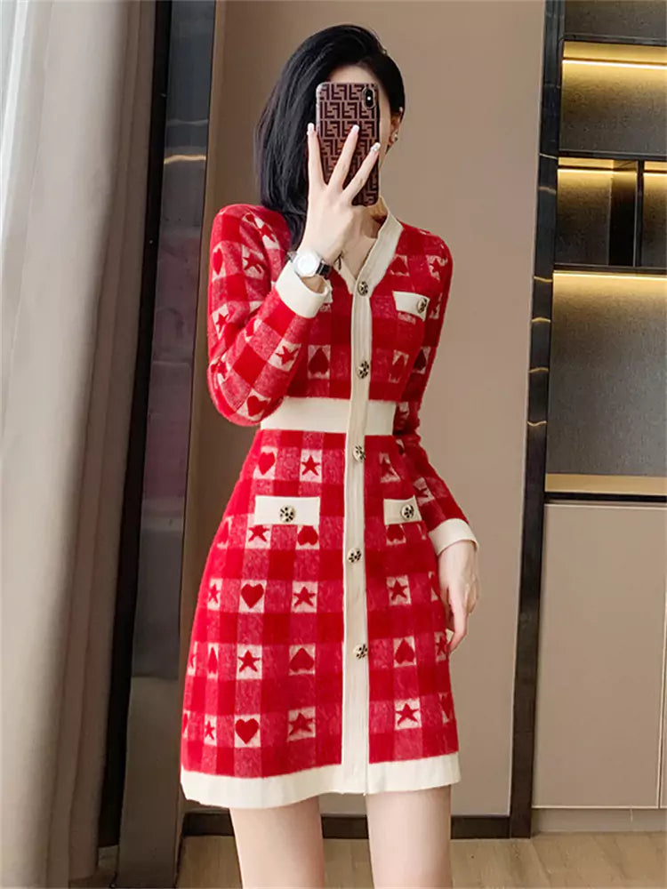 High-End Contrast Color Elegant Knit Dress