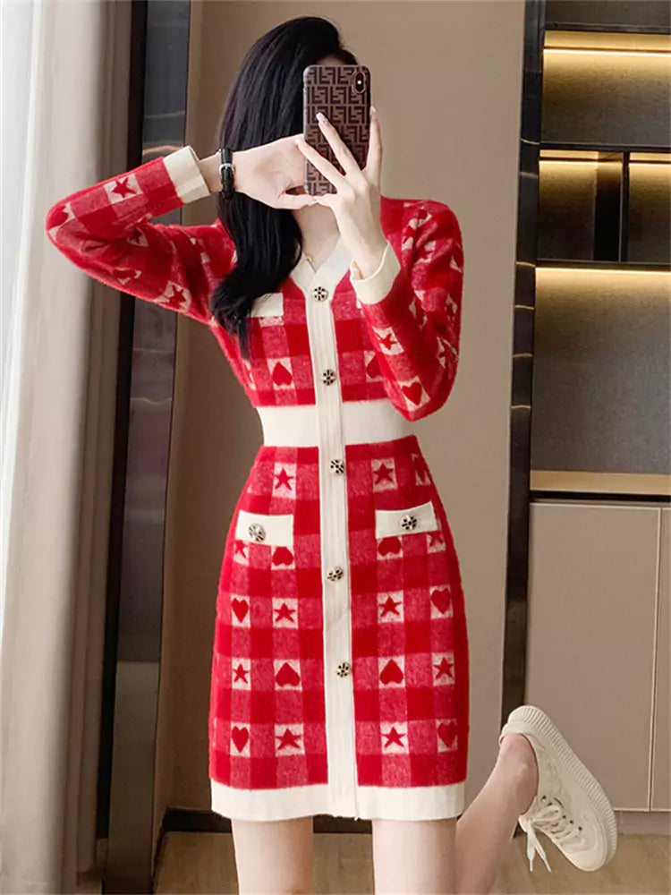 High-End Contrast Color Elegant Knit Dress