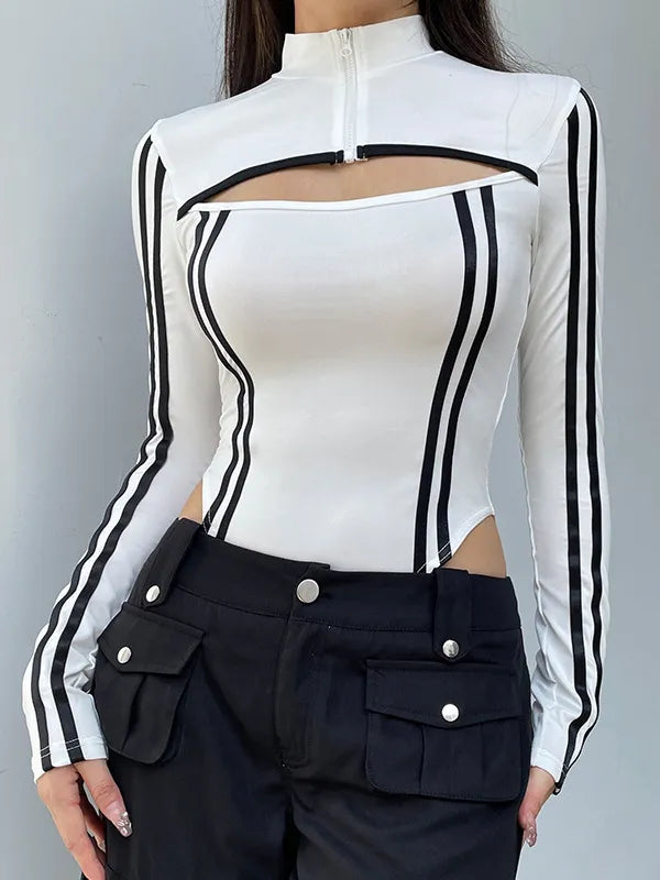 Contrast Color Stripe Zipper Cutout Bodysuit