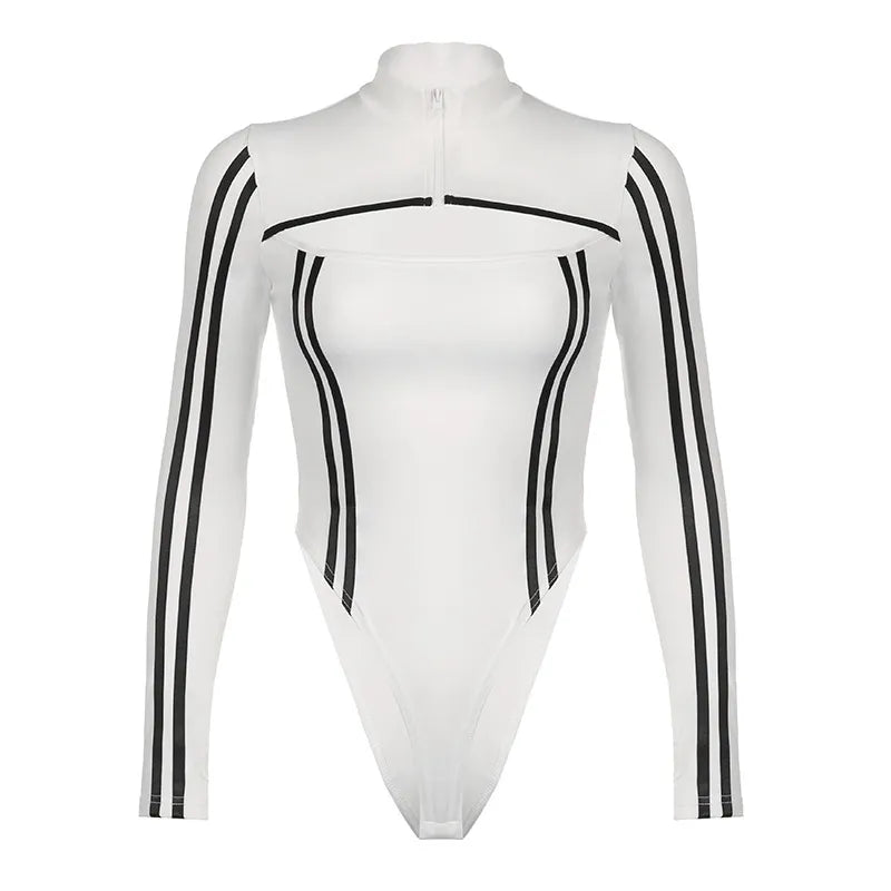 Contrast Color Stripe Zipper Cutout Bodysuit