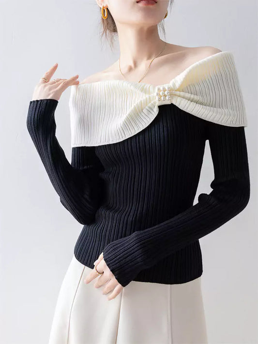 Contrast Off-the-Shoulder Slim Knit Top