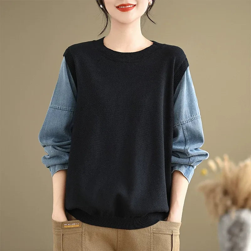Contrast Sleeve Ribbed Crew Neck Knit Sweater