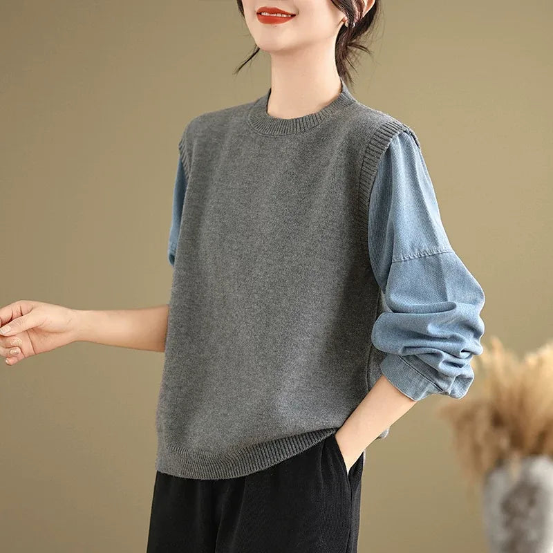 Contrast Sleeve Ribbed Crew Neck Knit Sweater