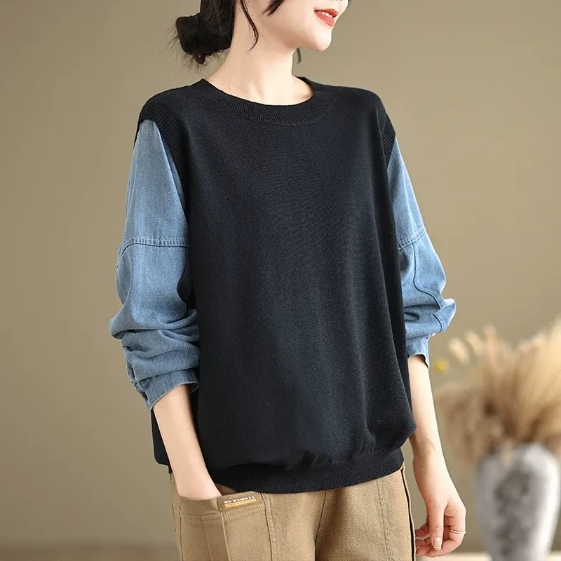 Contrast Sleeve Ribbed Crew Neck Knit Sweater